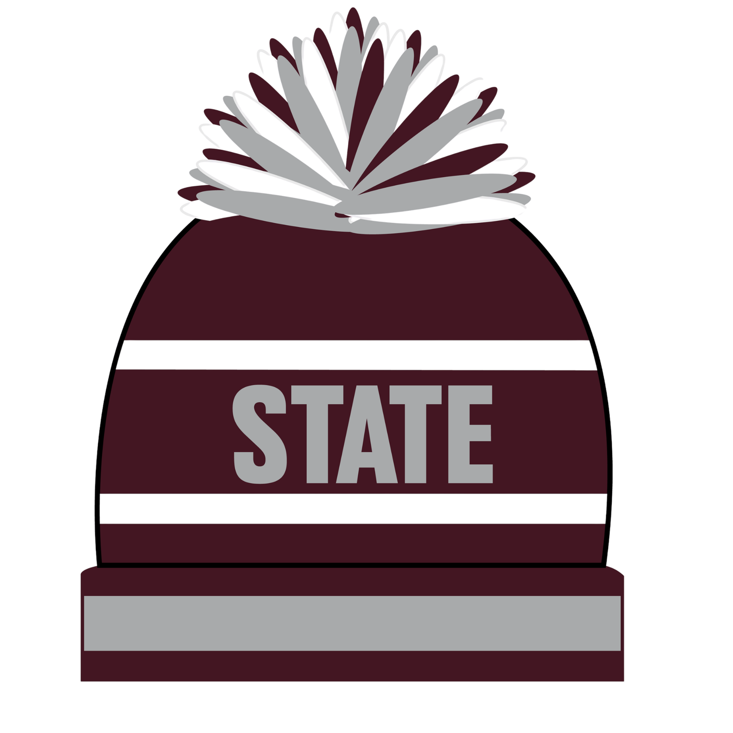 Maroon and gray beanie with pom-pom and 'STATE' text on a white background