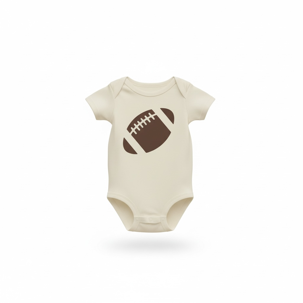 Beige baby onesie with a brown football design
