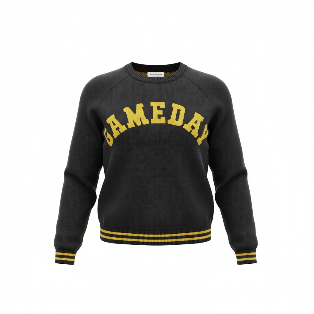 Black sweater with yellow text 'GAMEDAY'