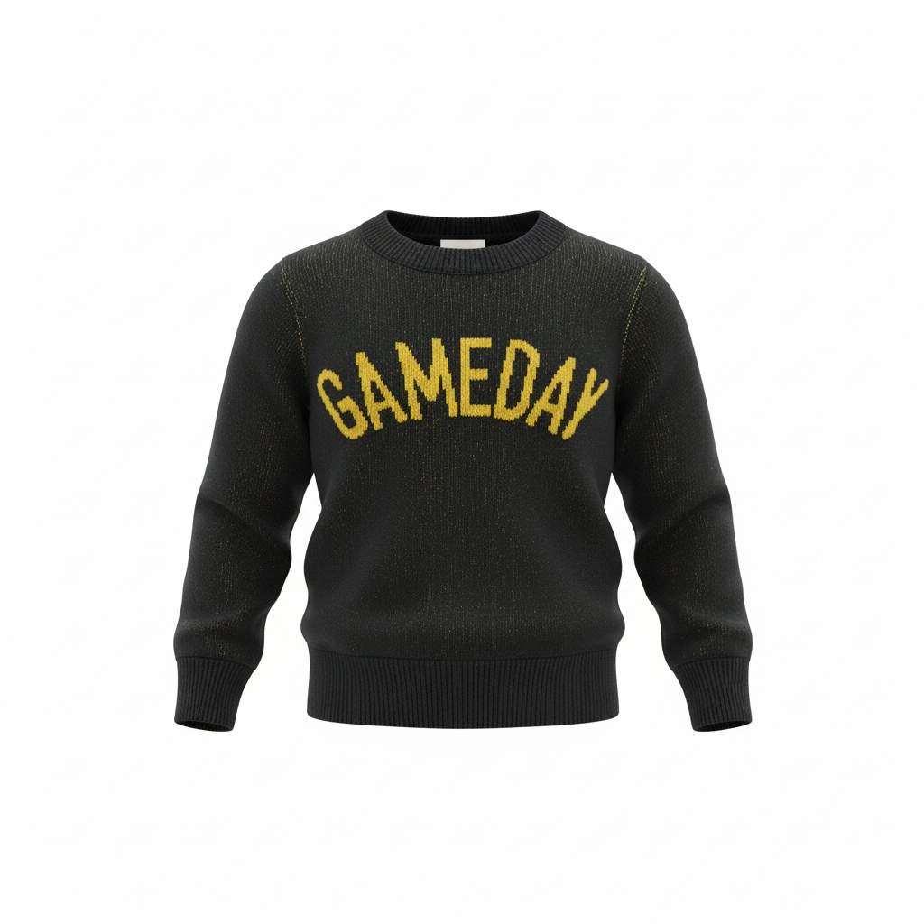 Black sweater with 'GAMEDAY' text in yellow