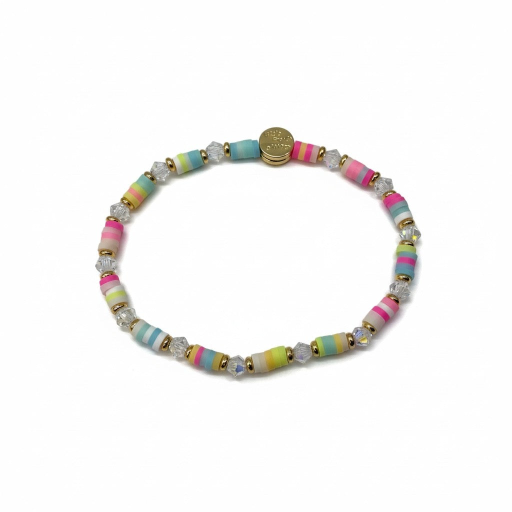Colorful beaded bracelet with a gold clasp on a white background