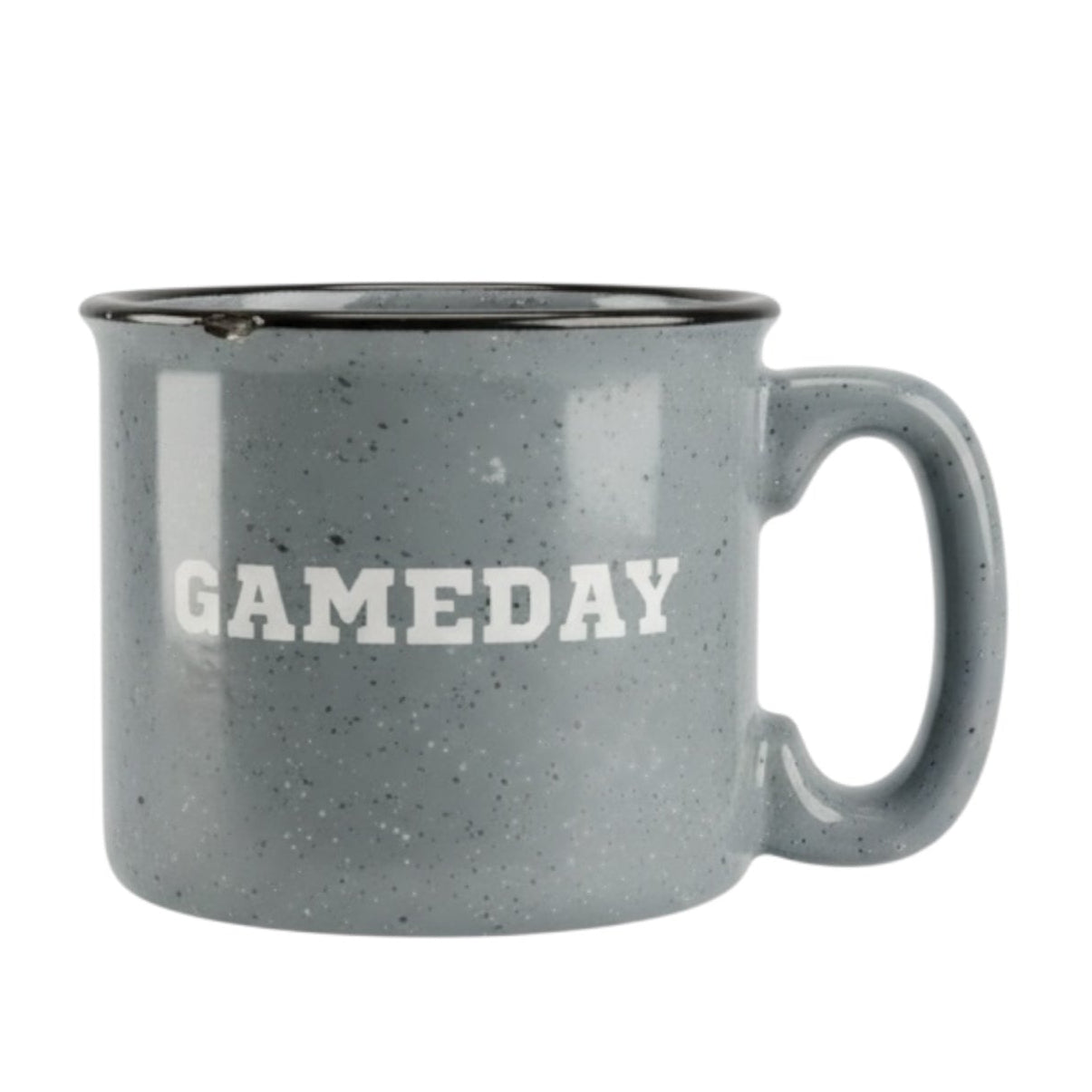 Gray ceramic mug with 'GAMEDAY' text in white