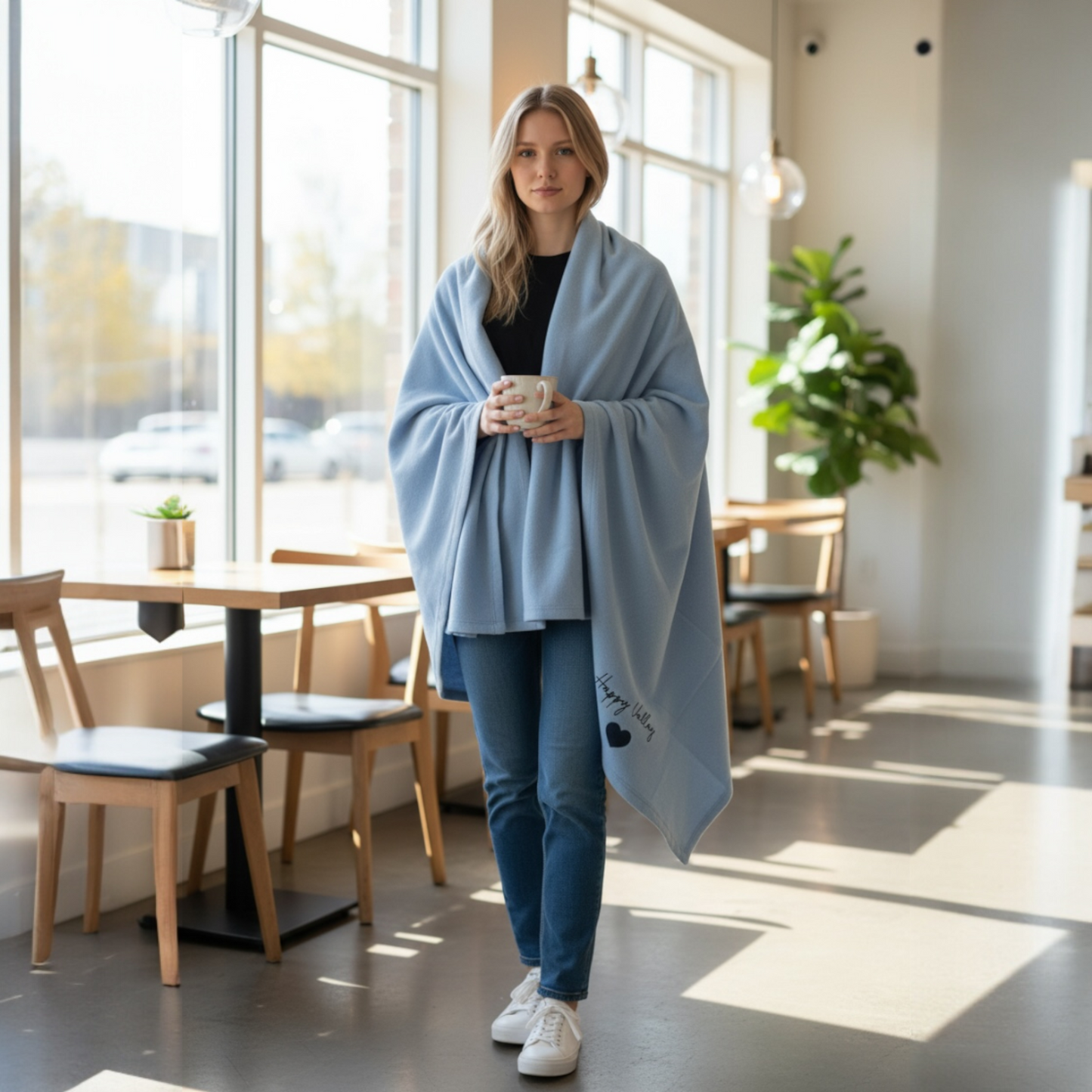 Woman wrapped in a blue blanket holding a mug in a cafe.