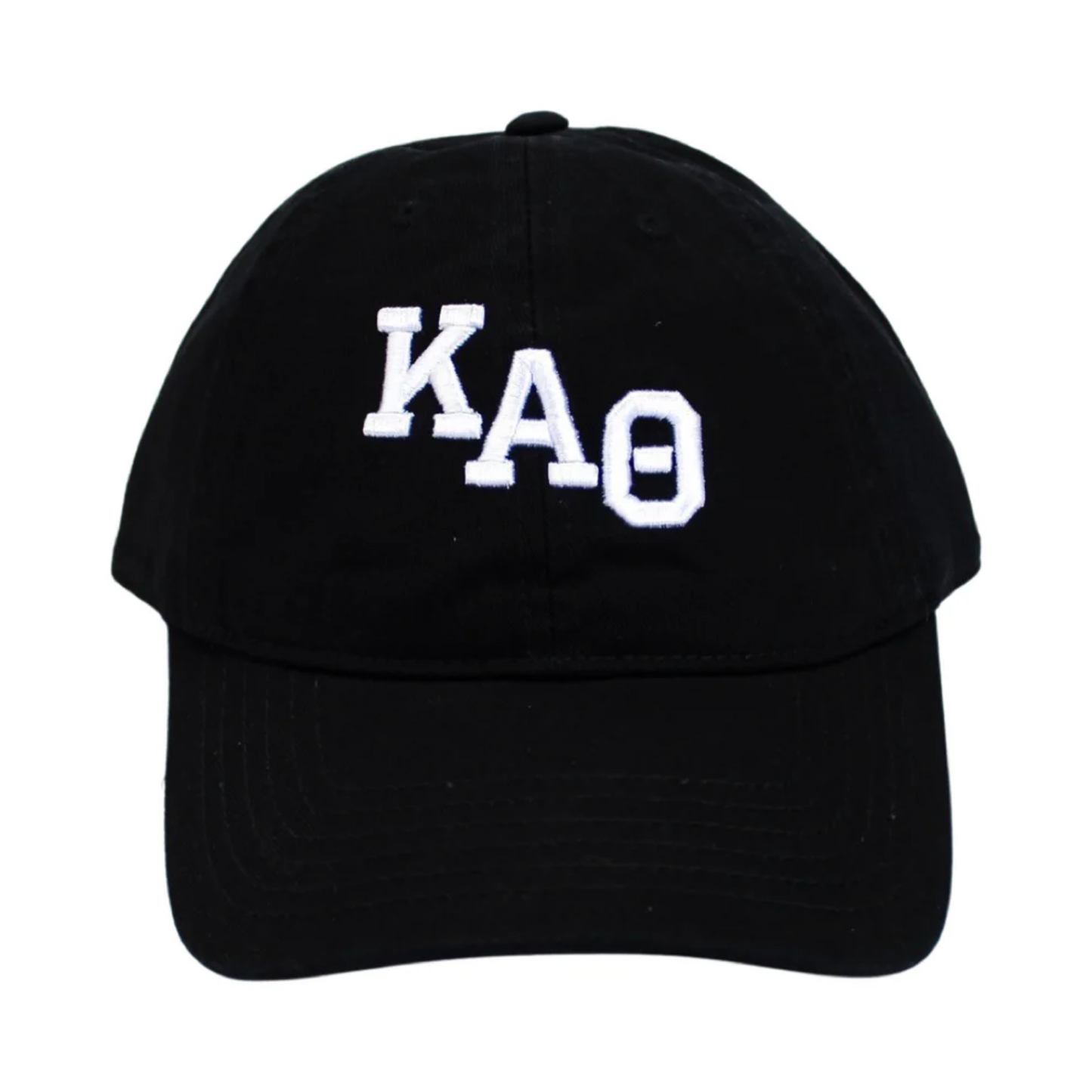 Black cap with Greek letters embroidered on a white background