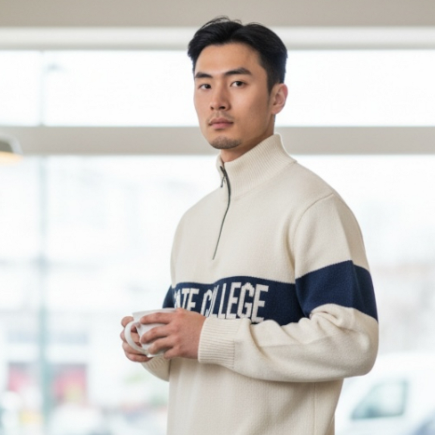 Man wearing a cream sweater with navy accents, holding a mug indoors.