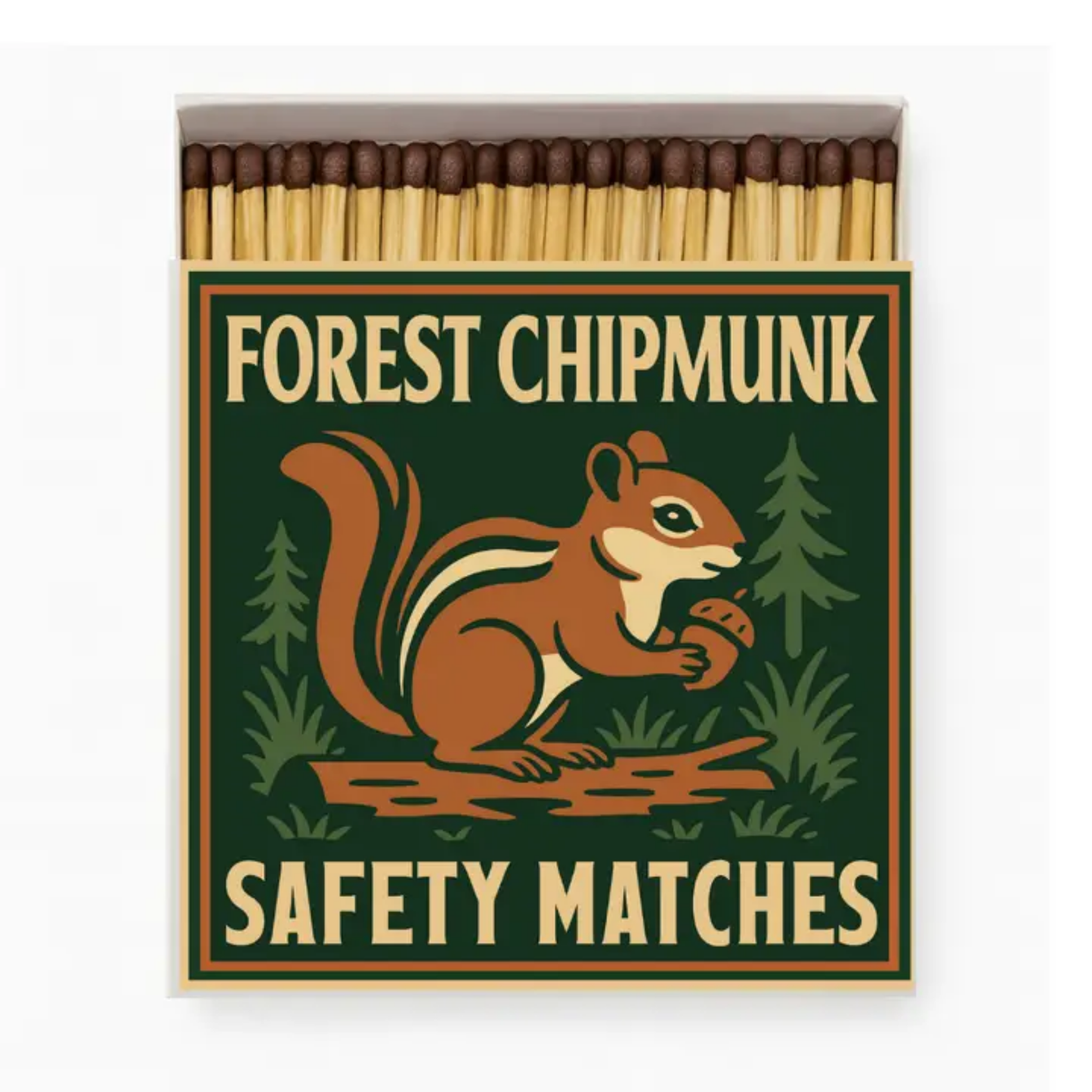 Matchbox with 'Forest Chipmunk' branding and a graphic of a chipmunk holding a pine cone. Good & Well Supply Co.