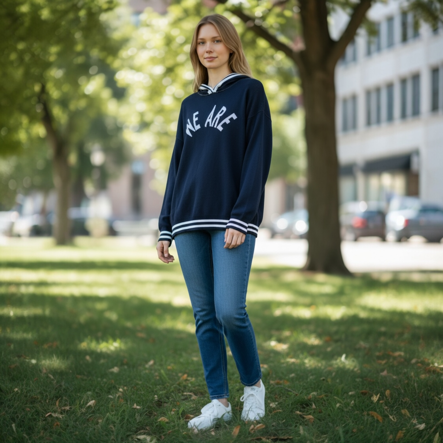 Navy blue hoodie sweater with 'WE ARE' text in white