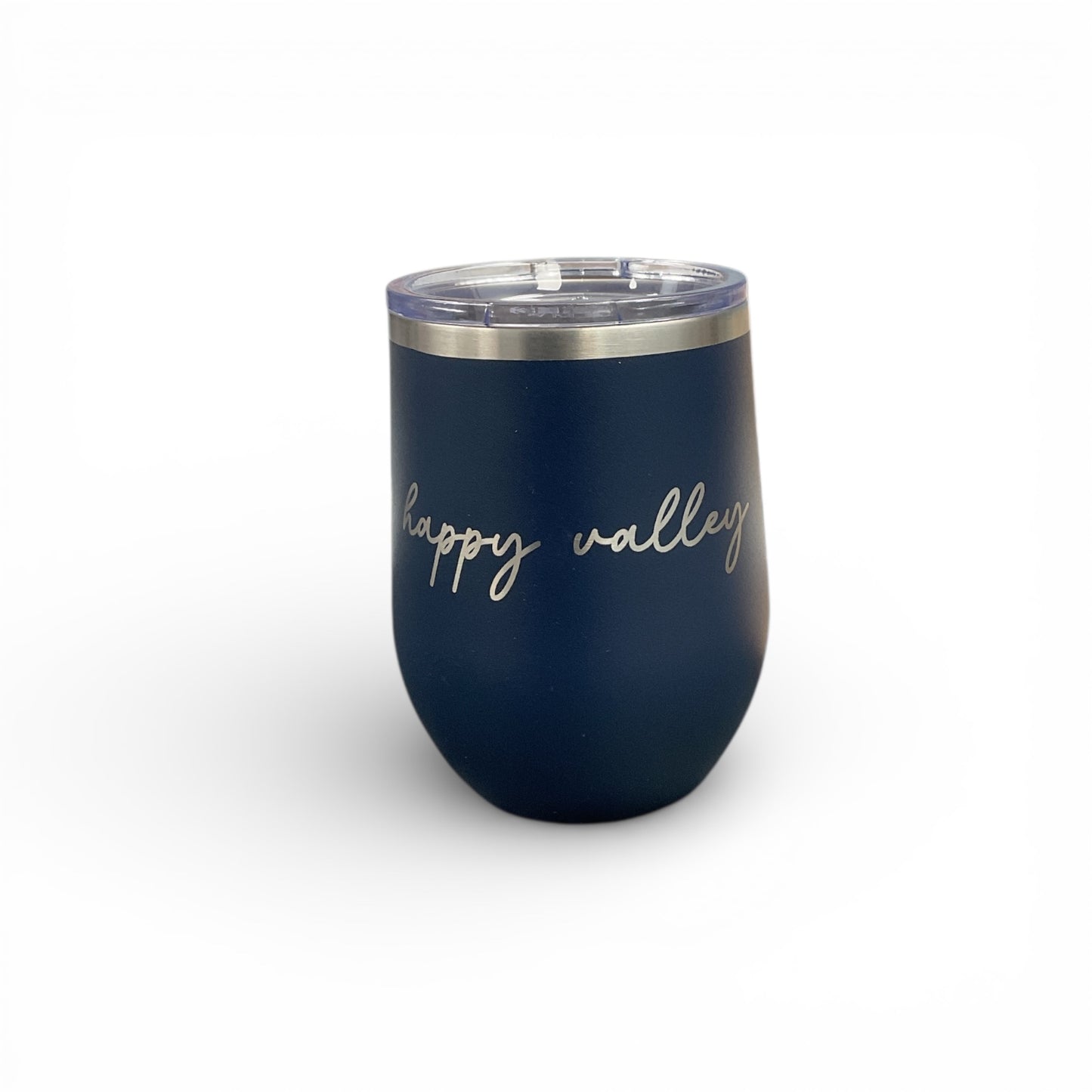 Navy blue insulated tumbler with 'happy valley' text