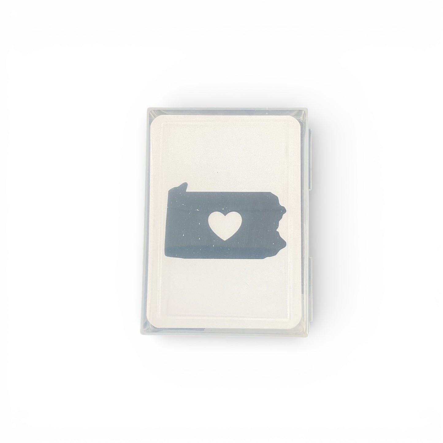 Playing cards with a blue outline of a Pennsylvania with a heart in the center