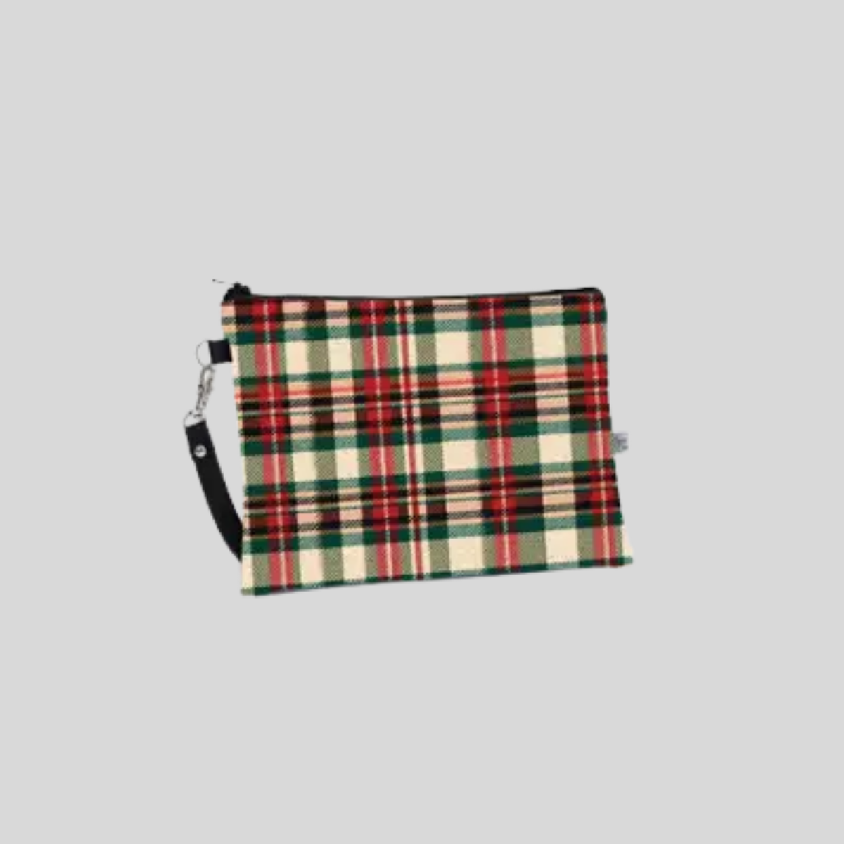 Plaid pouch with a strap on a light gray background
