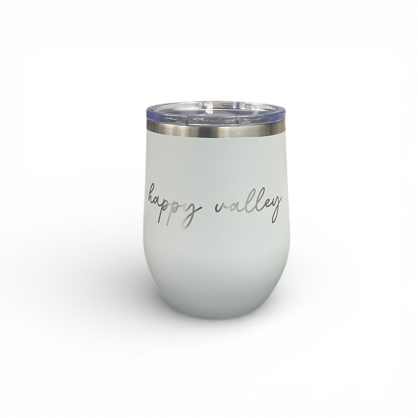 White insulated tumbler with 'happy valley' text