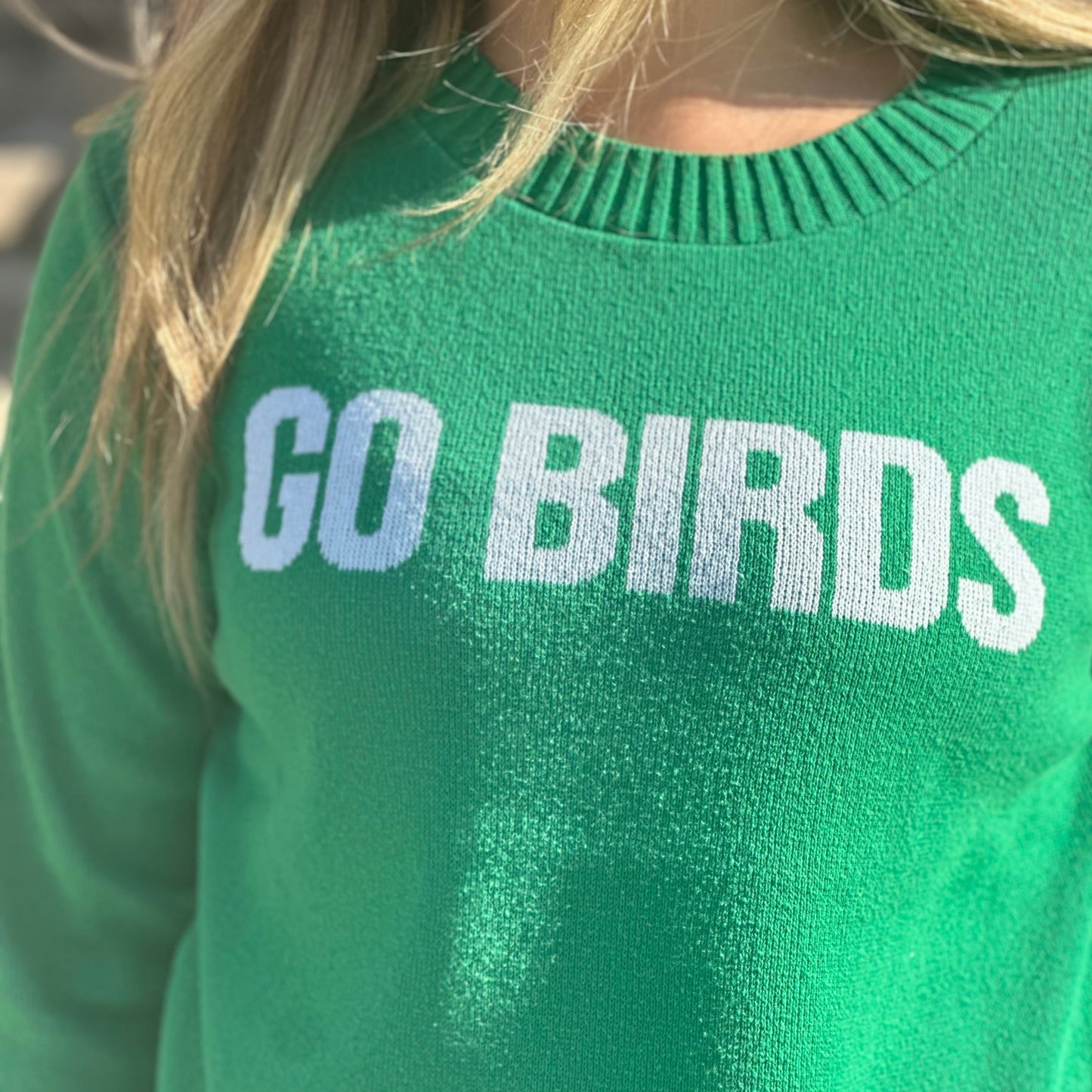 Green sweater with 'GO BIRDS' text worn by a person