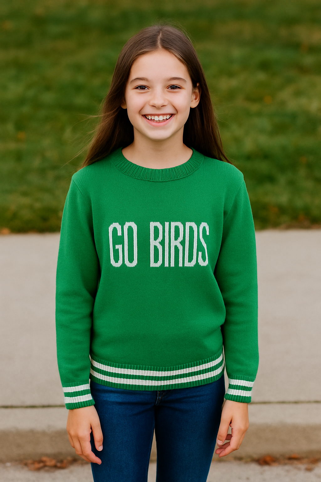 Girl wearing a green sweater with 'GO BIRDS' text, standing outdoors.