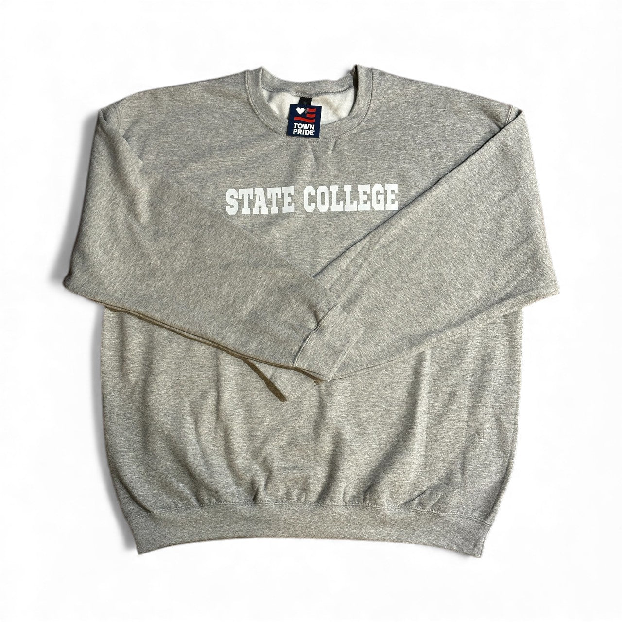 Heather grey State College crewneck laid flat for detail view.