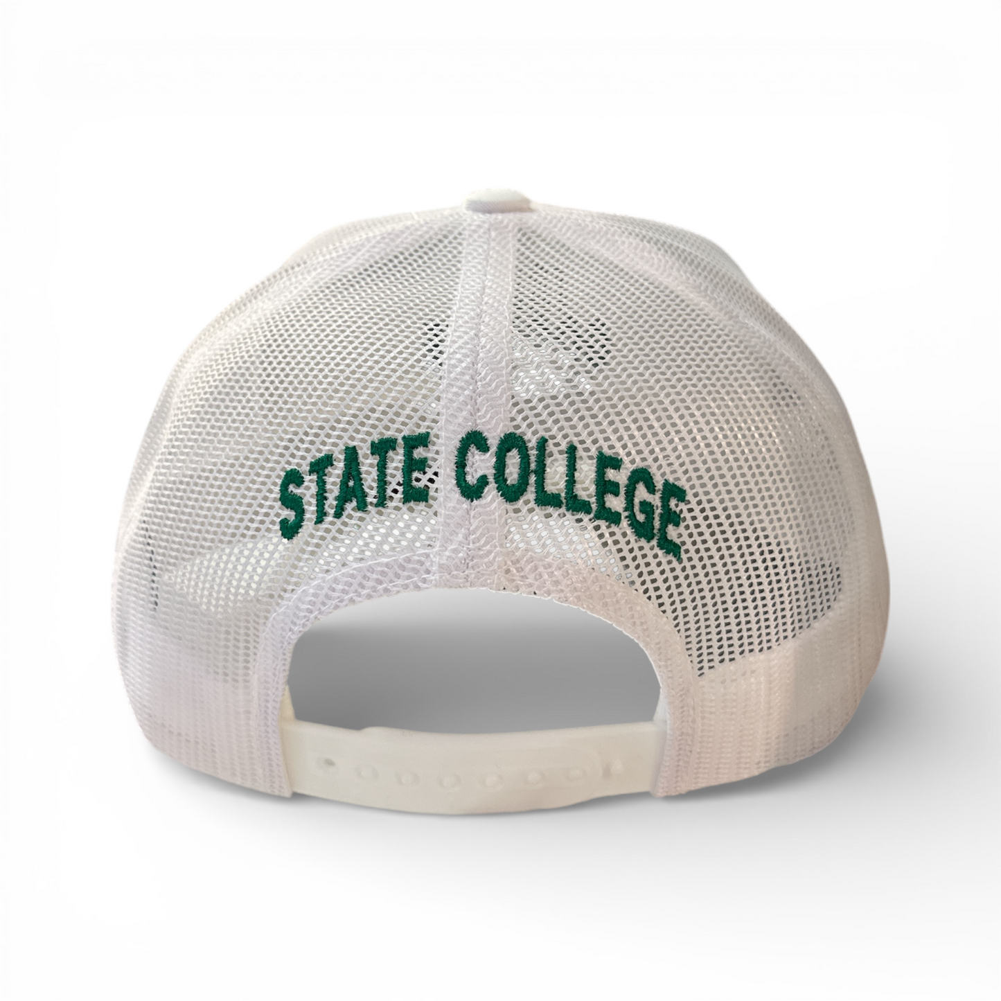 Trucker hat with 'STATE COLLEGE' text on a white background