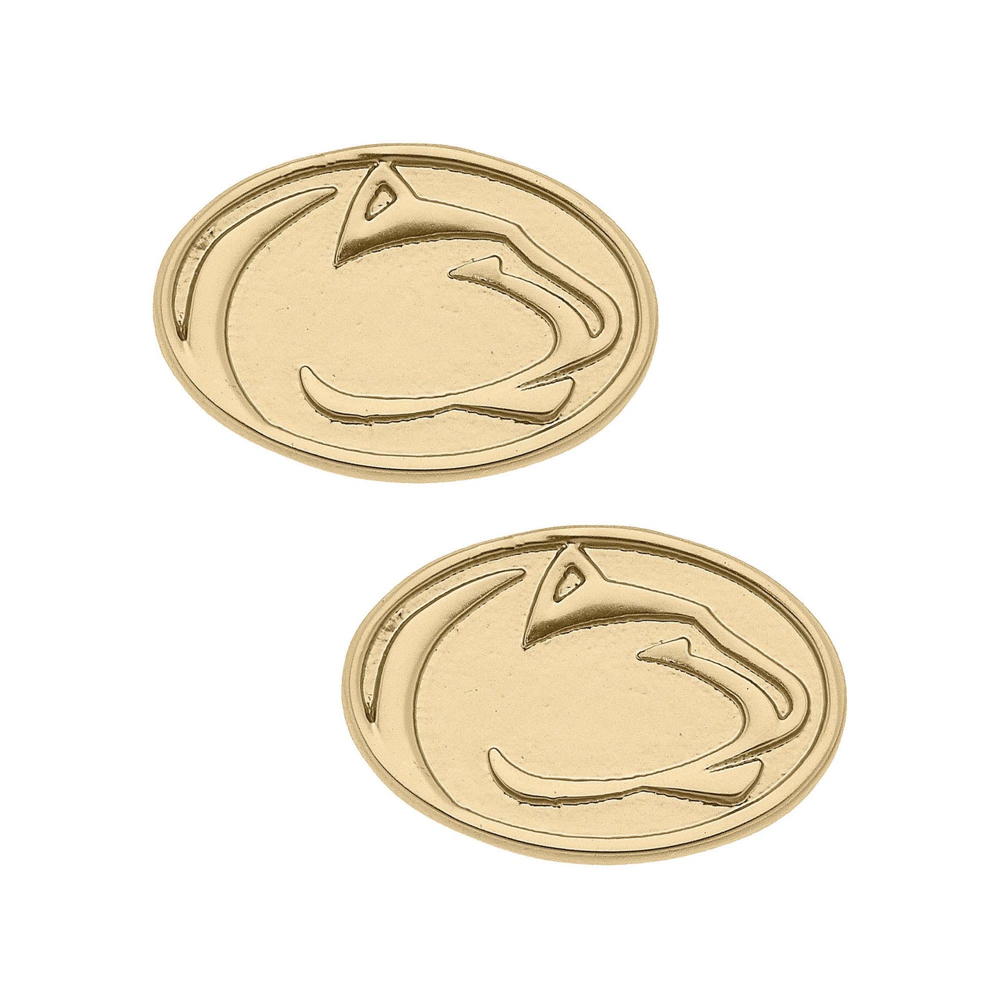 Two gold oval earrings with a logo on a white background