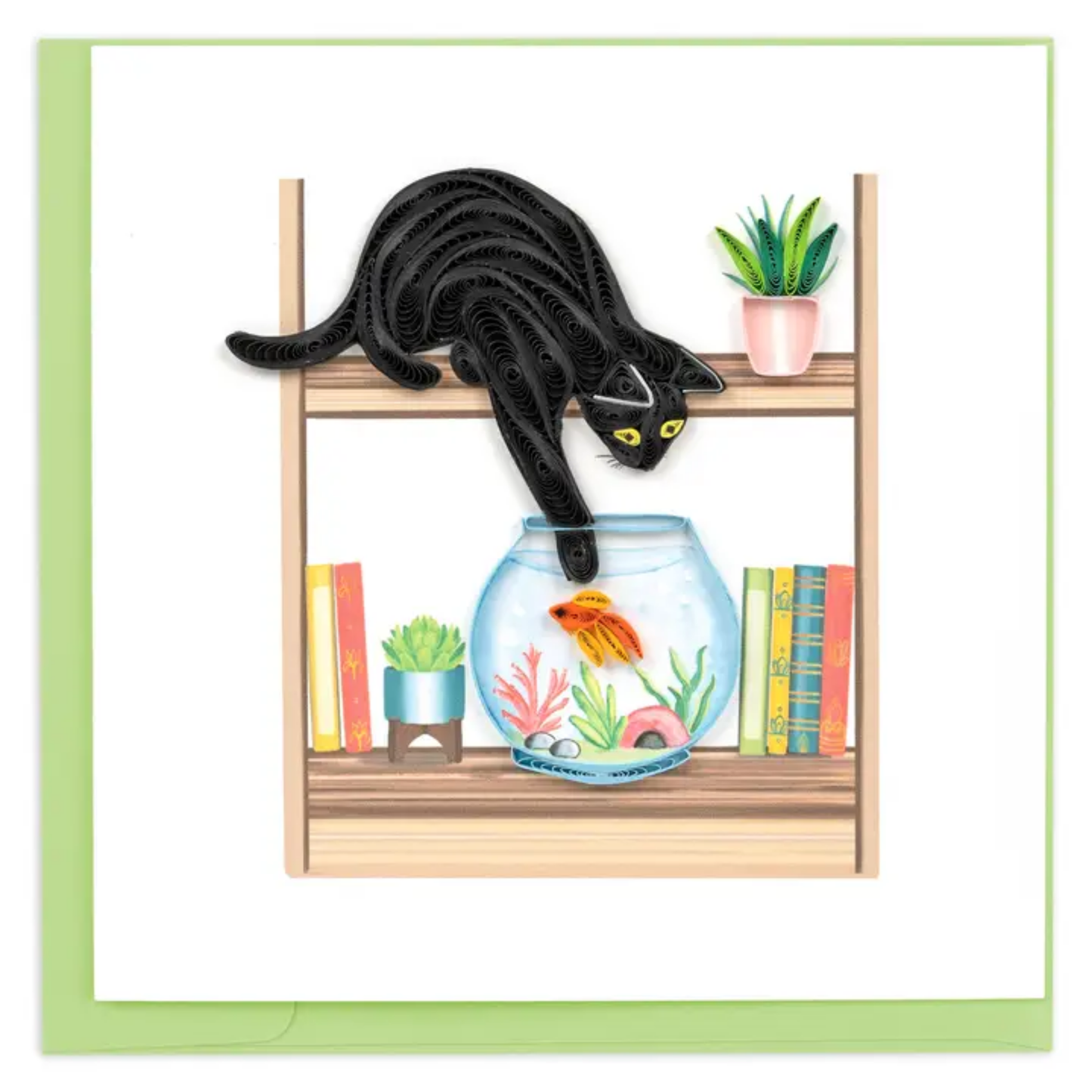 Illustration of a black cat looking into a fishbowl on a bookshelf with books and plants.