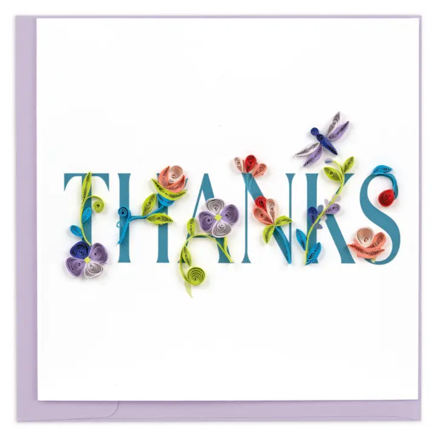 Greeting card with 'THANKS' made of colorful paper flowers on a white background