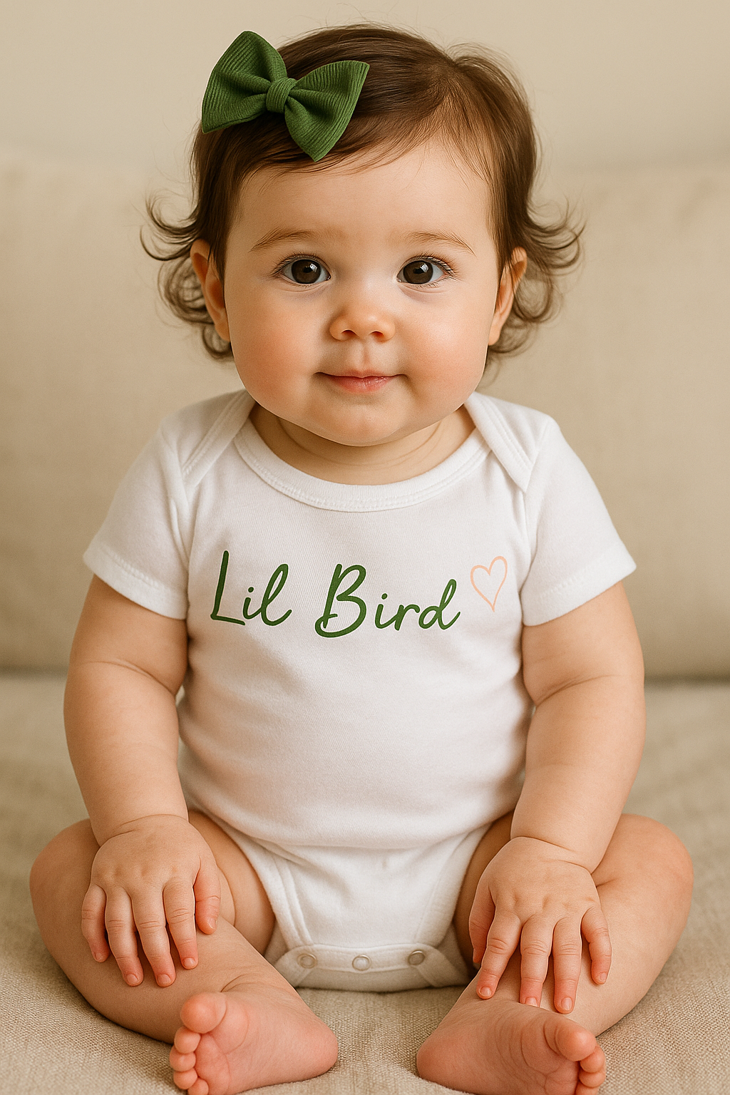 Baby wearing a white onesie with 'Lil Bird' text and a green bow headband.