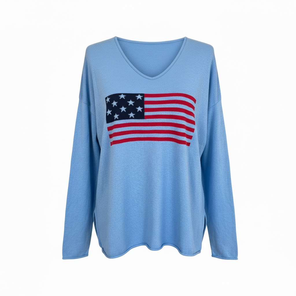 Blue long-sleeve sweater with American flag design on a white background