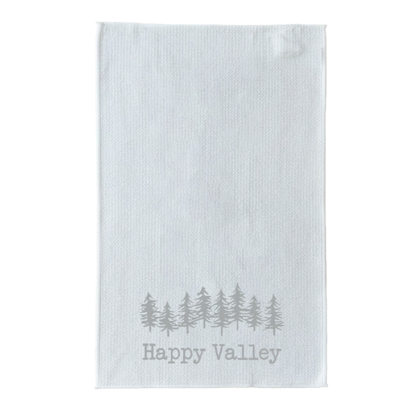 White towel with 'Happy Valley' and tree design, branded with 'Town Pride'.