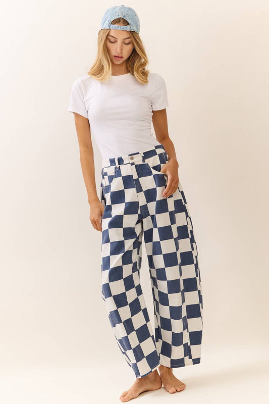 Checkered Barrel Denim Pants