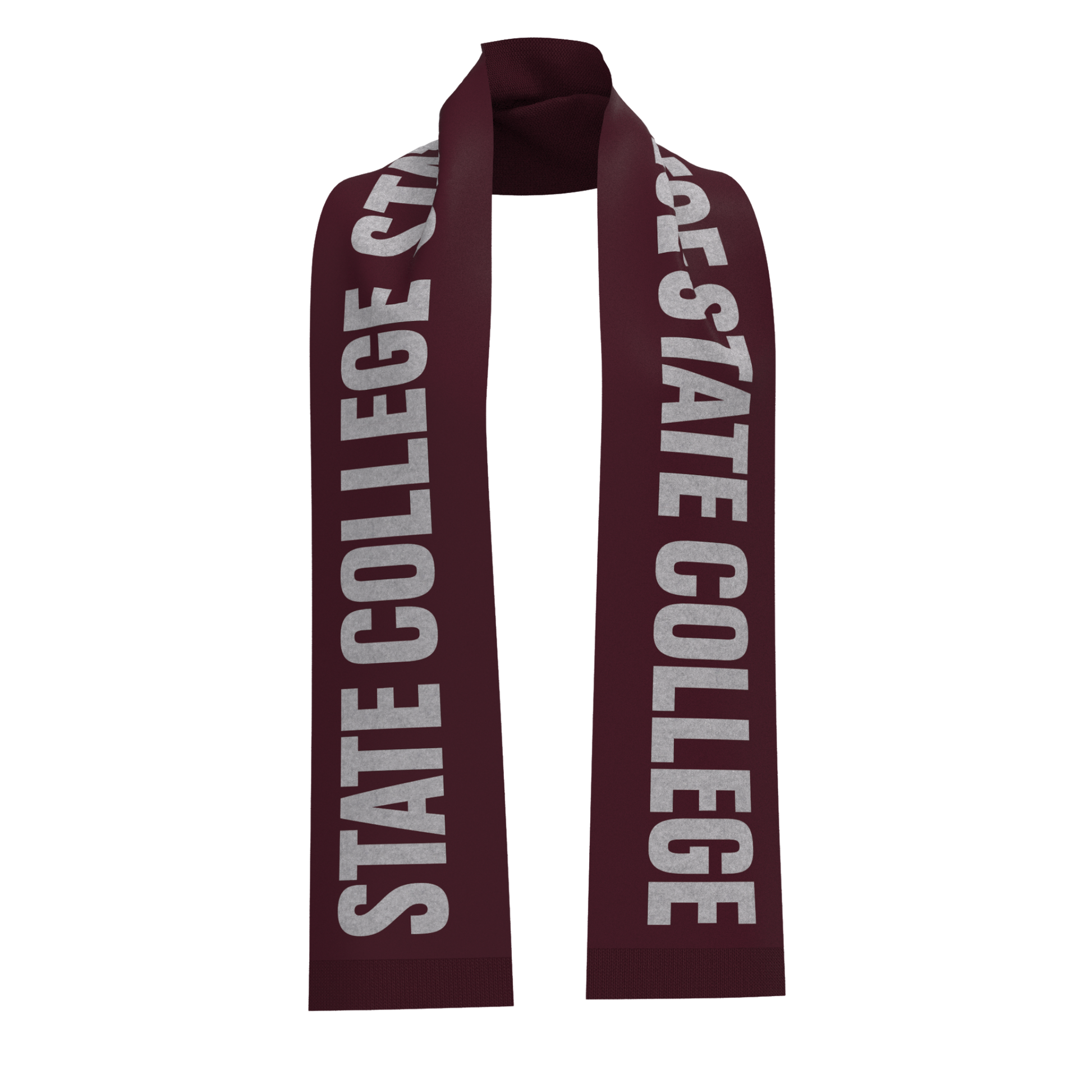 Maroon scarf with 'STATE COLLEGE' text on a white background