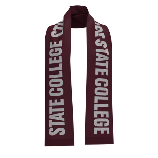 Maroon scarf with 'STATE COLLEGE' text on a white background