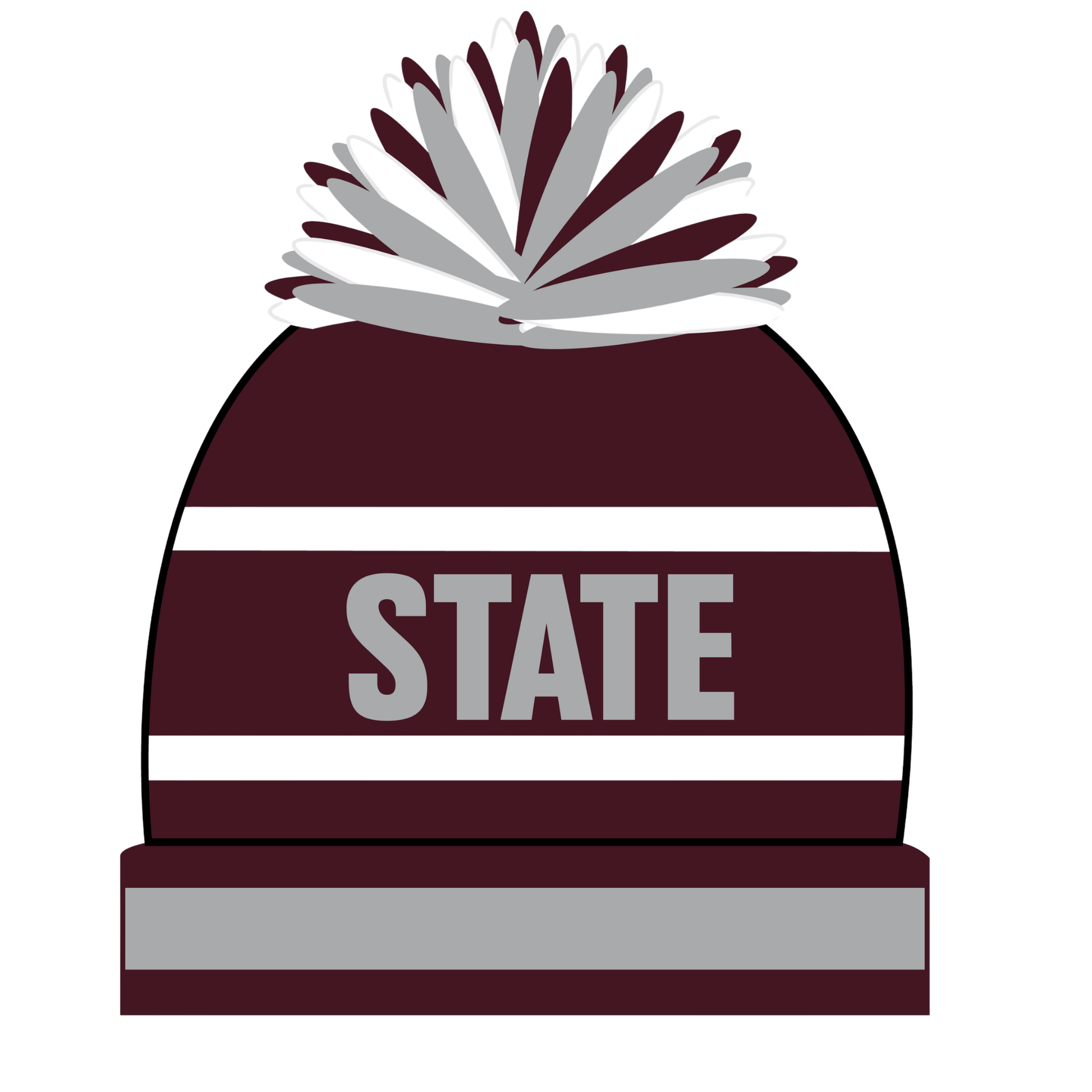 Maroon and gray beanie with pom-pom and 'STATE' text on a white background