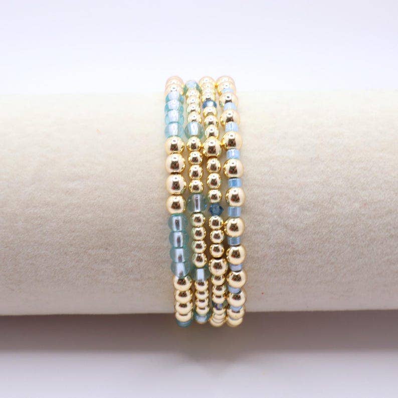 Sky Blue and Gold Hematite Bracelet Stack – The Classic Stack - Caribbean Aqua