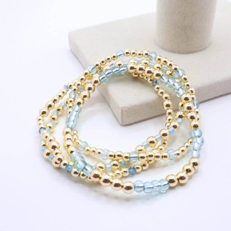 Sky Blue and Gold Hematite Bracelet Stack – The Classic Stack - Caribbean Aqua