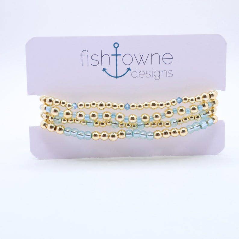 Sky Blue and Gold Hematite Bracelet Stack – The Classic Stack - Caribbean Aqua