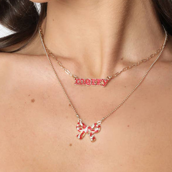 All Twisted Up Pave Bow Necklace in Red & White