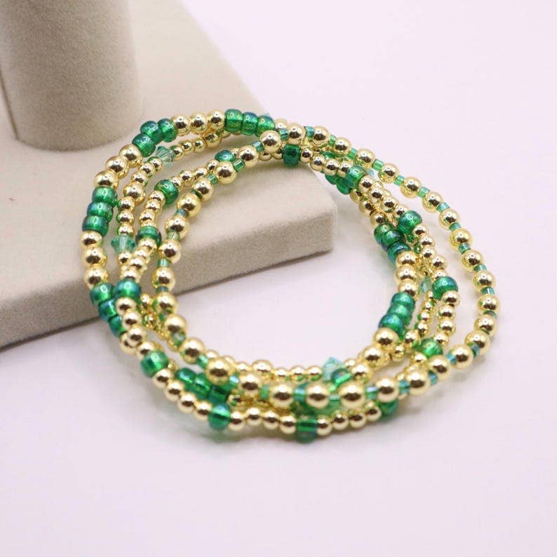 Emerald Green and Gold Hematite Bracelet Stack - The Classic Stack - Seaglass