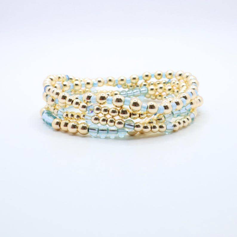 Sky Blue and Gold Hematite Bracelet Stack – The Classic Stack - Caribbean Aqua