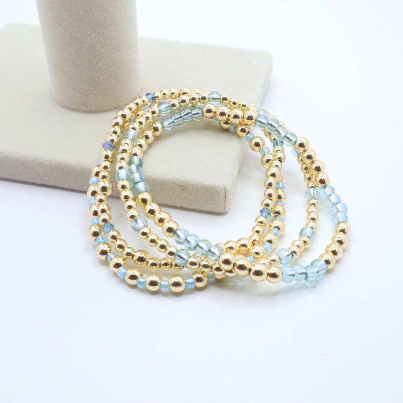 Sky Blue and Gold Hematite Bracelet Stack – The Classic Stack - Caribbean Aqua