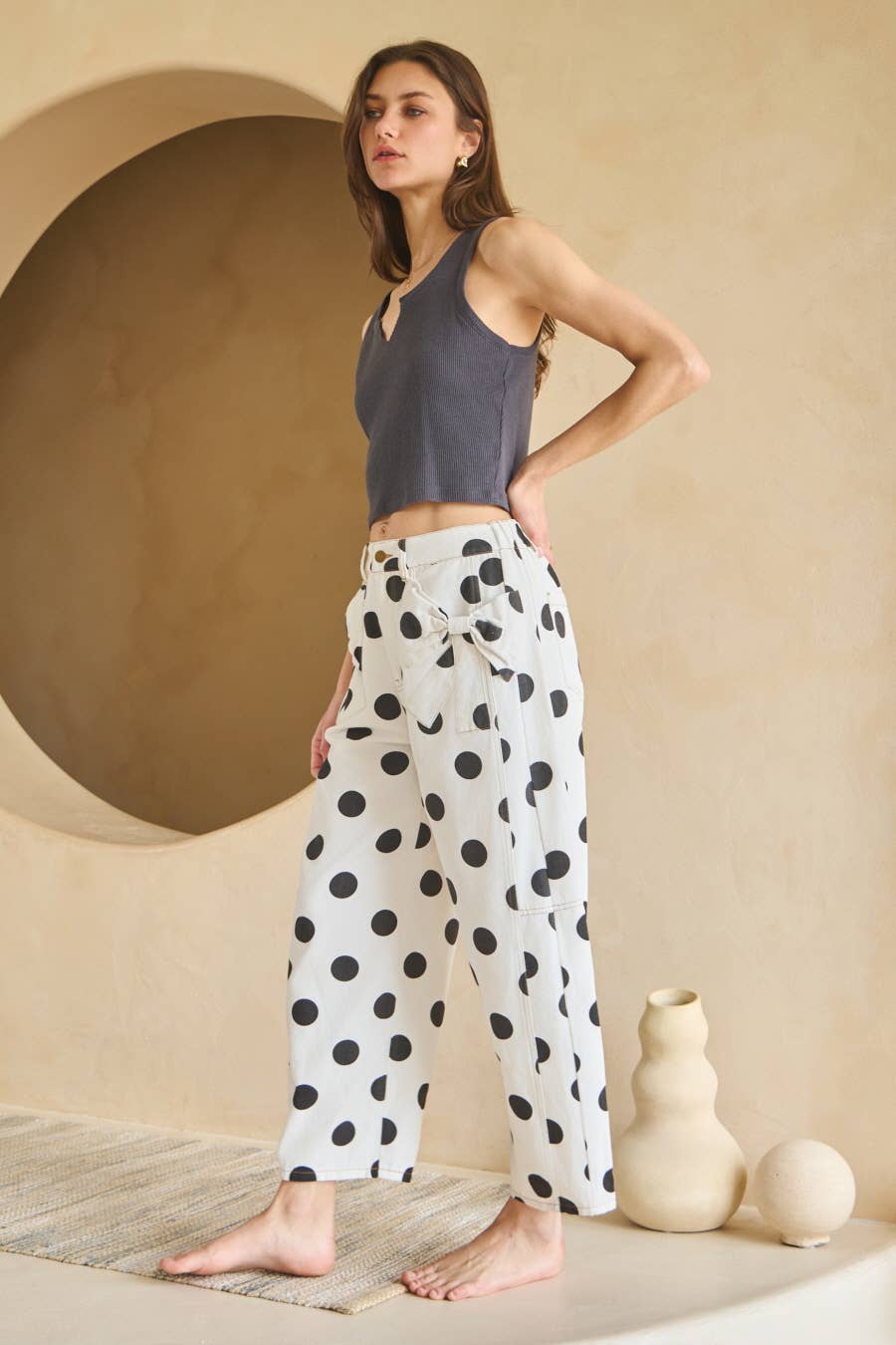 Polka Dot Barrel Denim Pants