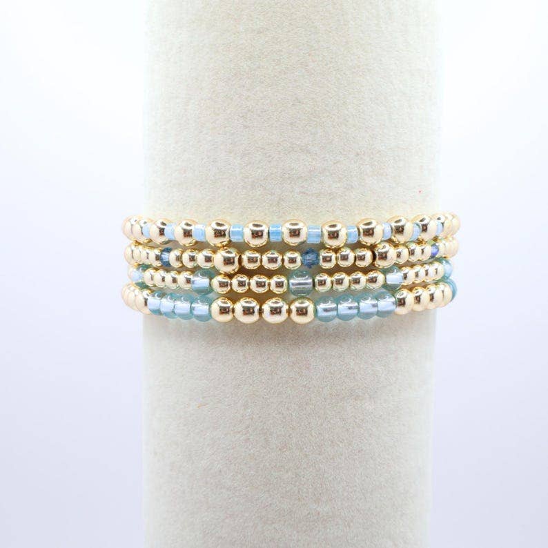 Sky Blue and Gold Hematite Bracelet Stack – The Classic Stack - Caribbean Aqua
