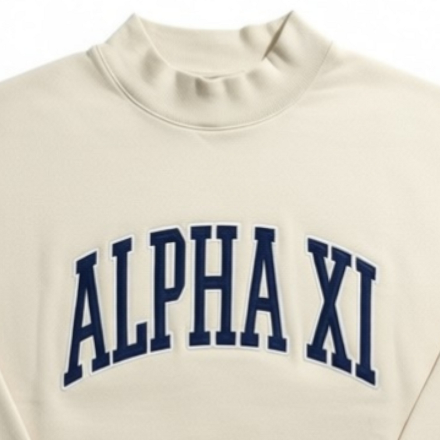 Beige sweatshirt with 'Alpha XI' text in navy on a white background