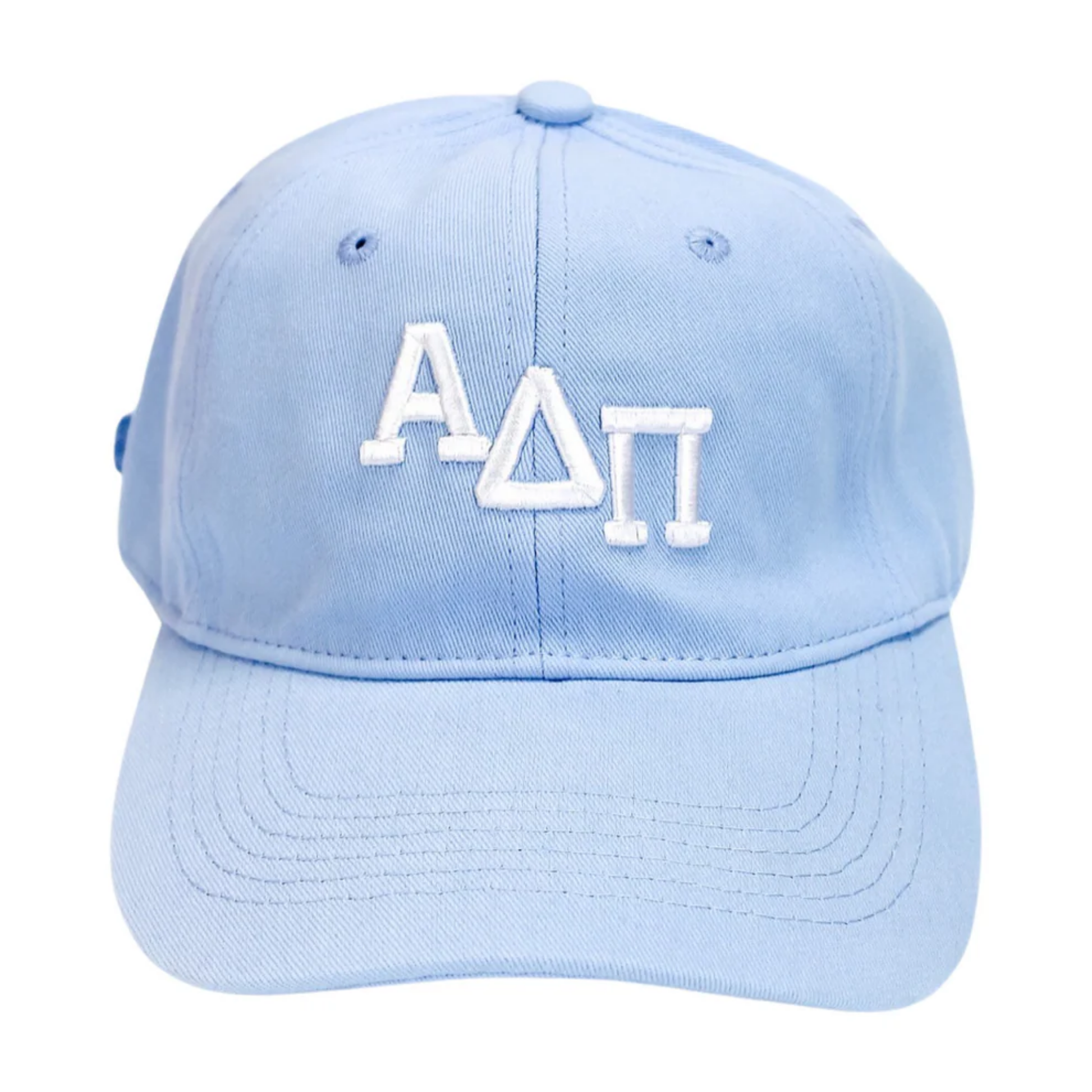 Light blue cap with white embroidered letters on a white background