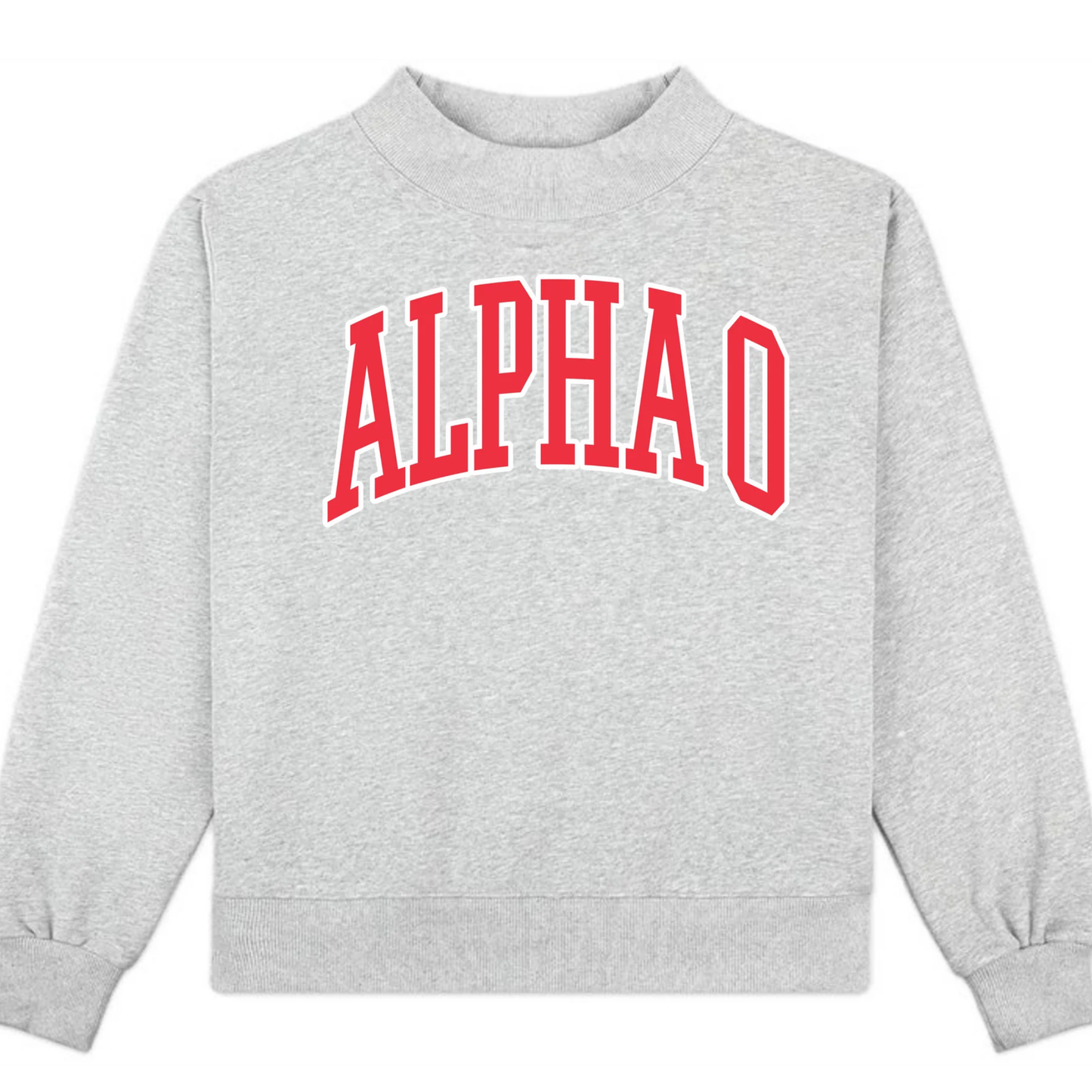 Gray sweatshirt with red 'ALPHA O' text on a white background