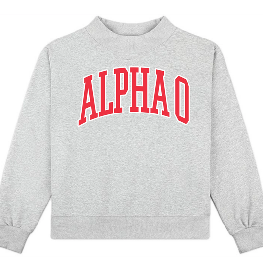 Gray sweatshirt with red 'ALPHA O' text on a white background