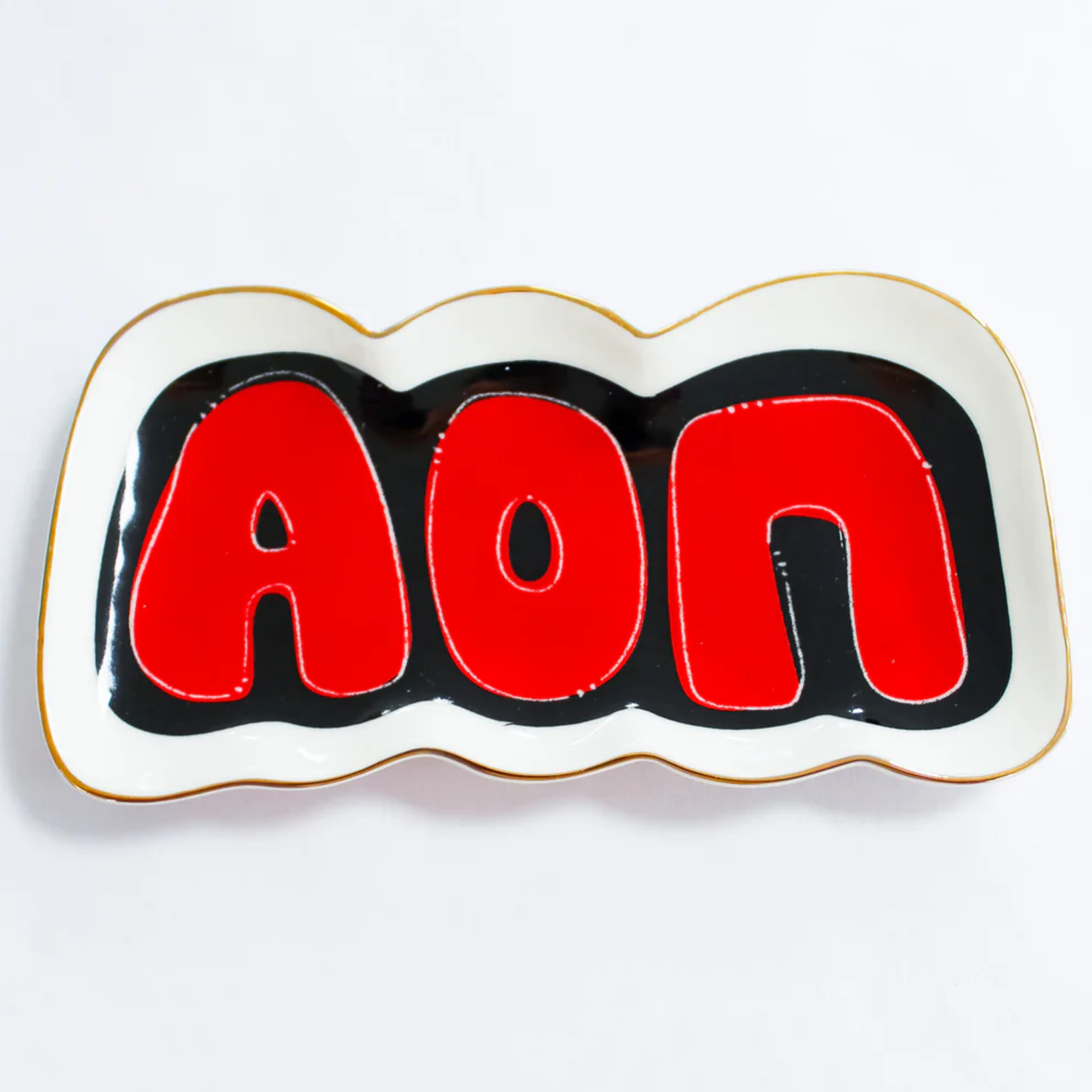 Red logo with black border on a white background