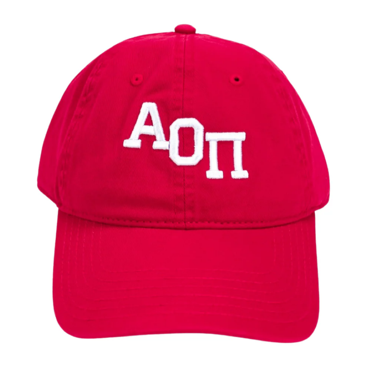 Red cap with white embroidered letters on a white background