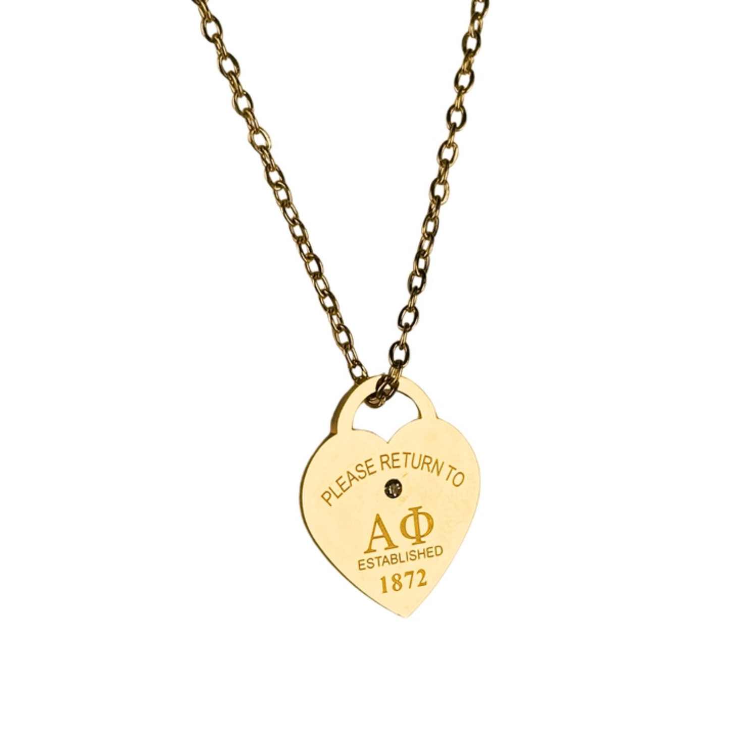 Gold necklace with a heart-shaped tag featuring 'Alpha Phi' symbols and text on a white background.