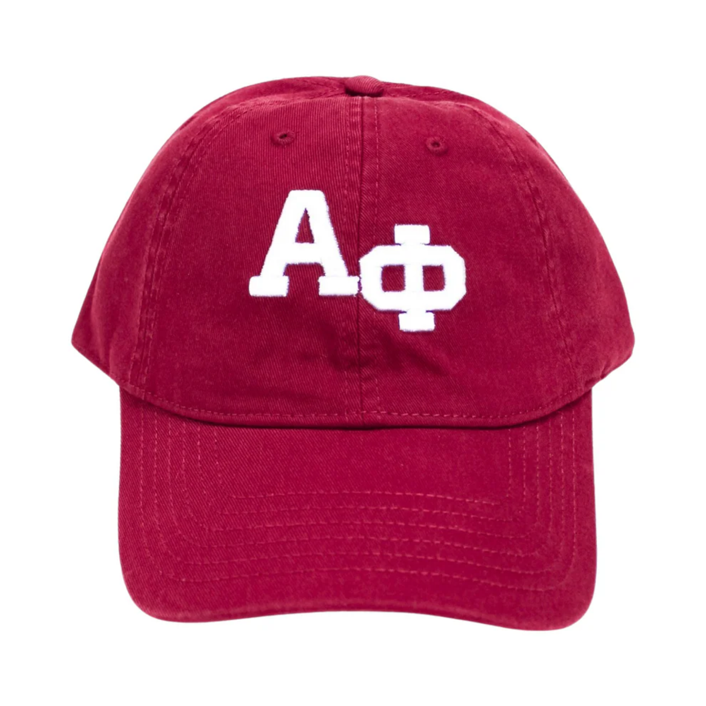 Bordeaux cap with white Greek letters on a white background