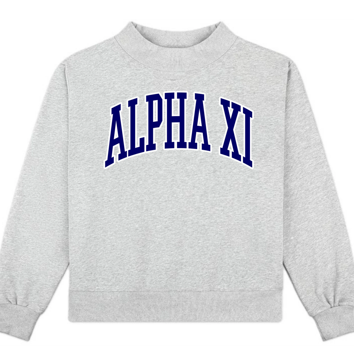 Gray sweatshirt with 'ALPHA XI' printed in blue on a white background