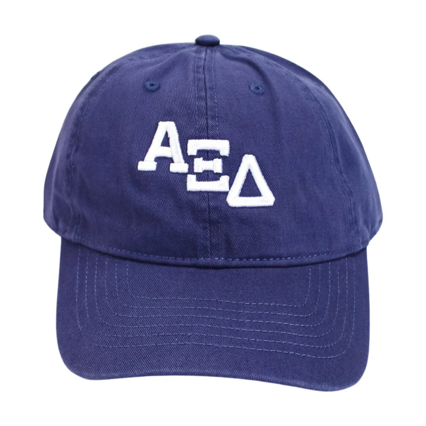 Navy blue cap with white Greek letters on a white background