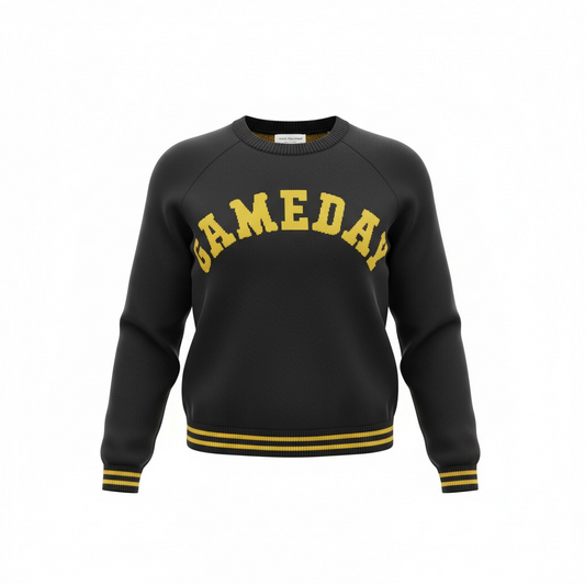 Black sweater with yellow text 'GAMEDAY' 