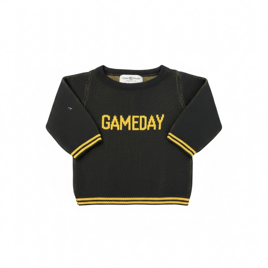Black baby sweater with 'GAMEDAY' text in gold